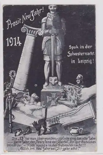 87231 Glückwunsch AK Prosit Neujahr! Spuk in der Silvesternacht Leipzig 1914