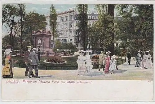 61154 Ak Leipzig Partie im Niedern Park mit Müller Denkmal 1908