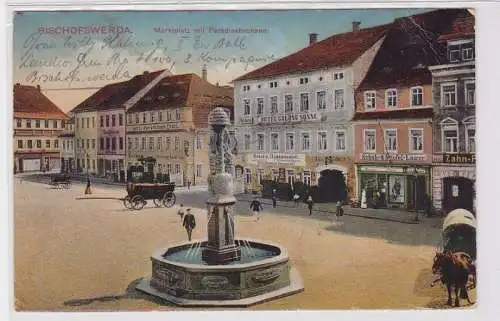 91487 AK Bischofswerda - Marktplatz mit Paradiesbrunnen & Hotel Goldene Sonne