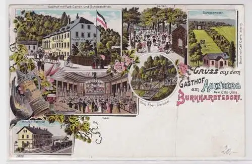 90017 Ak Lithographie Gruß aus dem Gasthof am Auenberg Burkhardtsdorf 1914