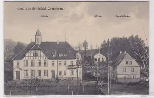 88999 Ak Gruß aus Schönfeld Zschopautal Schule, Kirche usw. 1930