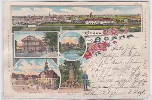 88984 AK Gruss aus Borna - Neue Promenade, Bahnhof, Marktplatz & Denkmal 1900