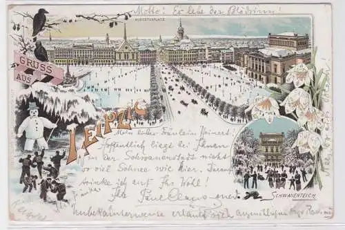 88207 Ak Winter Lithographie Gruß aus Leipzig Augustusplatz, Schwanenteich 1898