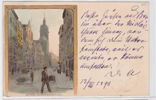 86095 Künstler Ak Leipzig Nicolaistrasse und Kirche 1898