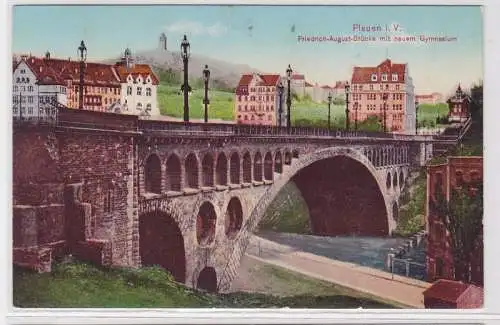 81895 AK Plauen im Vogtland - Friedrich-August-Brücke mit neuem Gymnasium