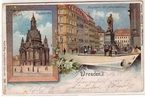 58825 Ak Lithographie Dresden Frauenkirche, Neumarkt mit Lutherdenkmal 1898