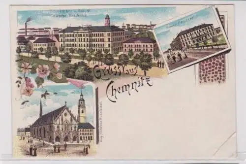 94105 Lithografie AK Gruss aus Chemnitz - Schillerplatz & Kgl. Gewerbe Akademie