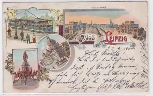 91788 Ak Lithographie Gruss aus Leipzig Augustusplatz usw. 1900