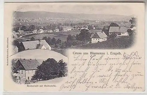 64625 Mehrbild Ak Gruß aus Blumenau im Erzgebirge Restaurant zur Haltestelle