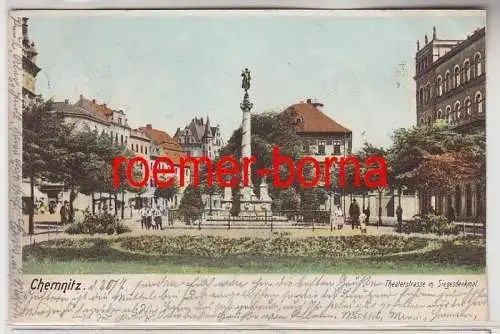 80710 Ak Chemnitz Theaterstrasse m. Siegerdenkmal 1902