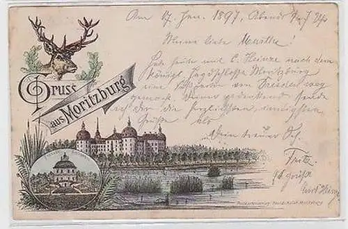 63005 Ak Lithographie Gruß aus Moritzburg Schloß und Fasanenschlößchen 1897