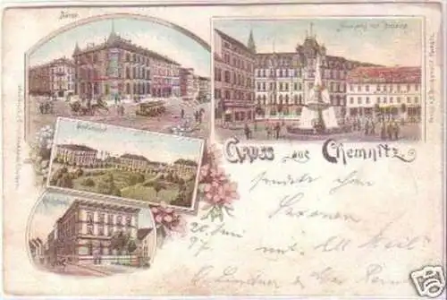 25149 Ak Lithographie Gruß aus Chemnitz Börse usw. 1897