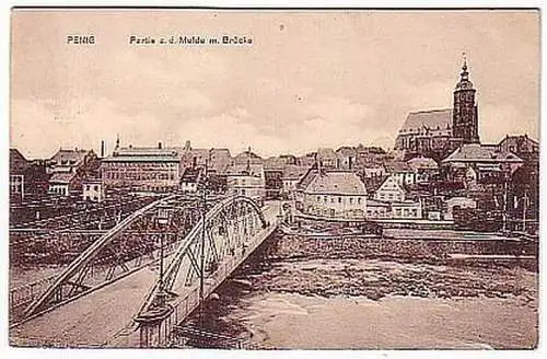 09782 Ak Penig Partie a.d. Mulde mit Brücke um 1915