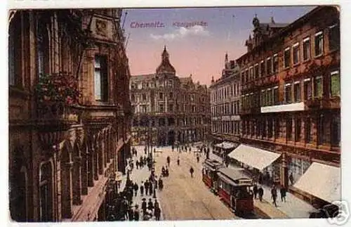 05886 Ak Chemnitz Königstraße mit Straßenbahn 1916