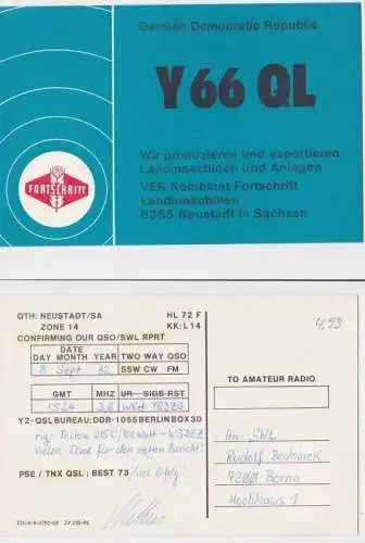 89731 QSl Funker Karte VEB Kombinat Fortschritt Landmaschinen Neustadt 1982