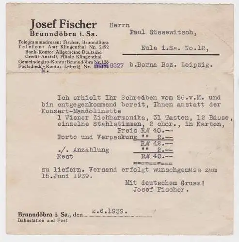 89823 Reklame AK Josef Fischer Musikinstrumenten-Fabrik Brunndöbra 1939