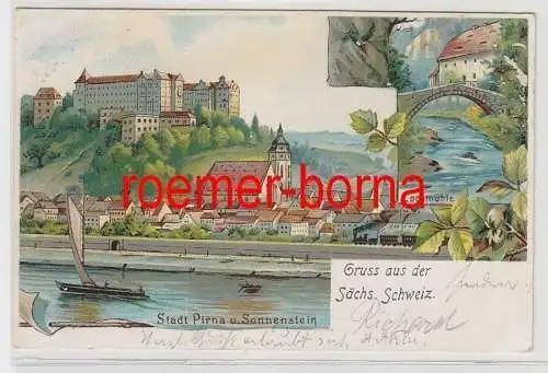 73769 Ak Lithographie Gruß aus der sächs. Schweiz Stadt Pirna & Sonnenstein 1901