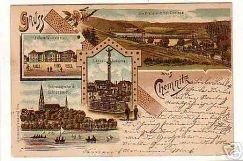 08482 Ak Lithographie Gruss aus Chemnitz Kaserne 1903