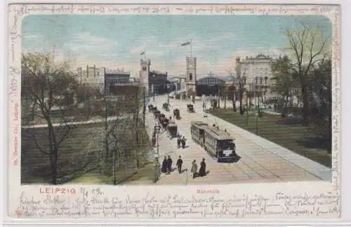 79898 Ak Leipzig - Straße mit Bahnhöfe, Straßenbahn und Kutschen 1902