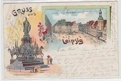 63176 Ak Lithographie Gruß aus Leipzig Marktplatz, Siegesdenkmal 1899