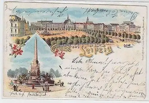 63191 Ak Lithographie Gruß aus Leipzig Augustusplatz, Mendebrunnen 1899