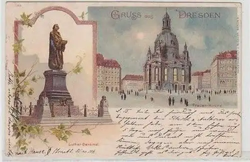 60074 Ak Lithographie Gruß aus Dresden Lutherdenkmal und Frauenkirche 1899