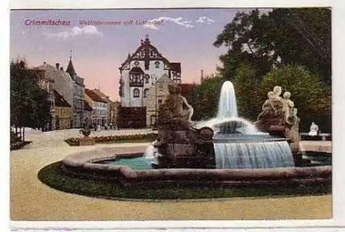 36599 Ak Crimmitschau Wettinbrunnen mit Lutherhof 1916