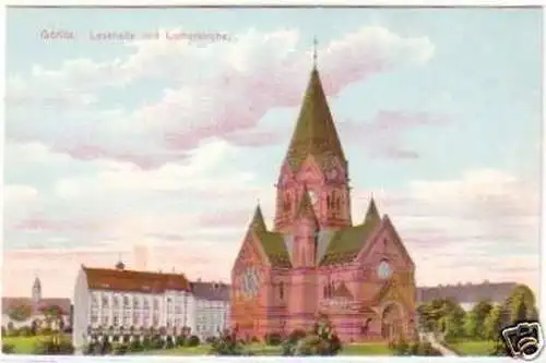 27667 Ak Görlitz Lesehalle und Lutherkirche um 1920