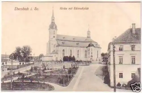 25131 Ak Ebersbach Kirche mit Schmuckplatz 1918