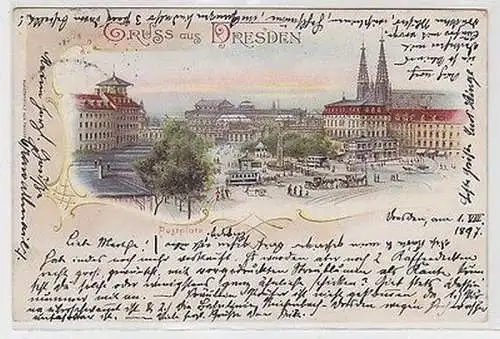 63128 Ak Lithographie Gruss aus Dresden Postplatz 1897