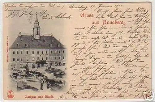 15183 Ak Gruß aus Annaberg Rathaus und Markt 1900