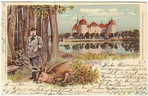 02690 Künstler-Ak Moritzburg mit Jäger u. Hirsch 1900