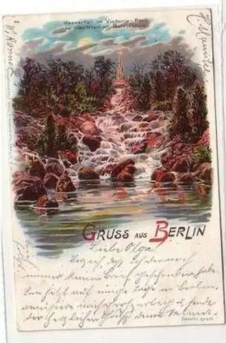 57885 Ak Gruss aus Berlin Wasserfall im Victoriapark b. electr. Beleuchtung 1899