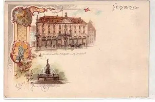 10131 Ak Lithographie Nürnberg Kunstgewerbl. Magazin und Jugendbrunnen um 1900