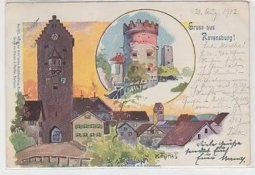 62992 Ak Lithographie Gruß aus Ravensburg Partie mit Oberthor 1902