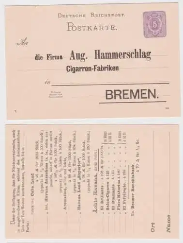 43293 Ganzsachen Postkarte P18 Zudruck Aug. Hammerschlag Cigarren-Fabrik Bremen