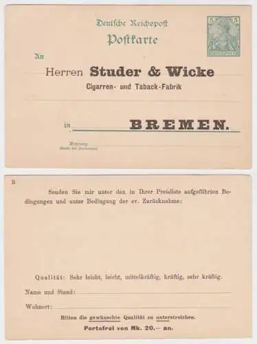 42852 DR Ganzsachen Postkarte P50 Zudruck Studer & Wicke Tabak-Fabrik Bremen