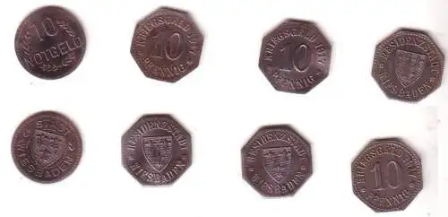 4 x 10 Pfennig Eisen Not Münzen Stadt Wiesbaden 1917