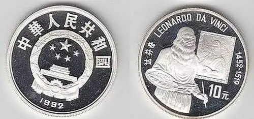 Silber Münze China 10 Yuan Leonardo da Vinci 1992