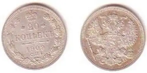 20 Kopeken Silber Münze Russland 1909