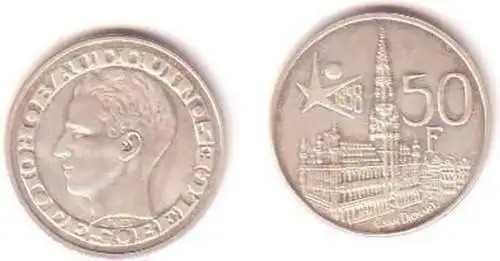 50 Franc Silber Münze Belgien 1958 Rathaus Brüssel