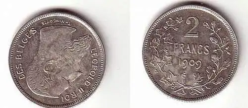 seltene 2 Franc Silber Münze Belgien 1909