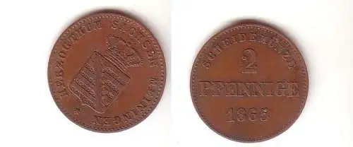 2 Pfennige Kupfer Münze Sachsen Meiningen 1865 ss+