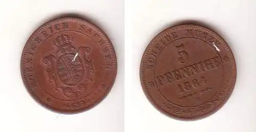 5 Pfennige Kupfer Münze Sachsen 1864 B fast sehr schöne