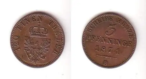 3 Pfennige Kupfer Münze Preussen 1871 B f. vz