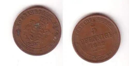 5 Pfennige Kupfer Münze Sachsen 1862 B noch ss