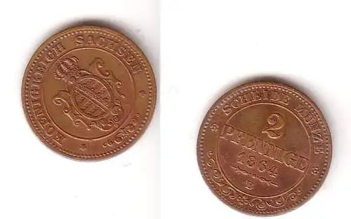 2 Pfennige Kupfer Münze Sachsen 1864 B vz