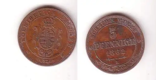 5 Pfennige Kupfer Münze Sachsen 1862 B ss