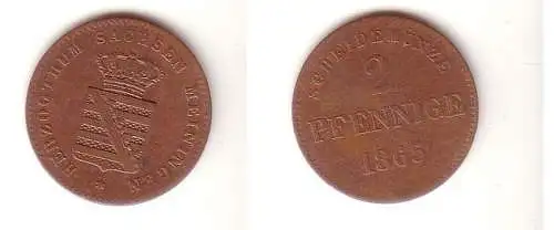 2 Pfennige Kupfer Münze Sachsen Meiningen 1865 f. ss