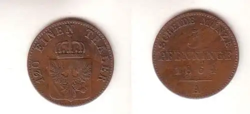 3 Pfennige Kupfer Münze Preussen 1864 A f. ss